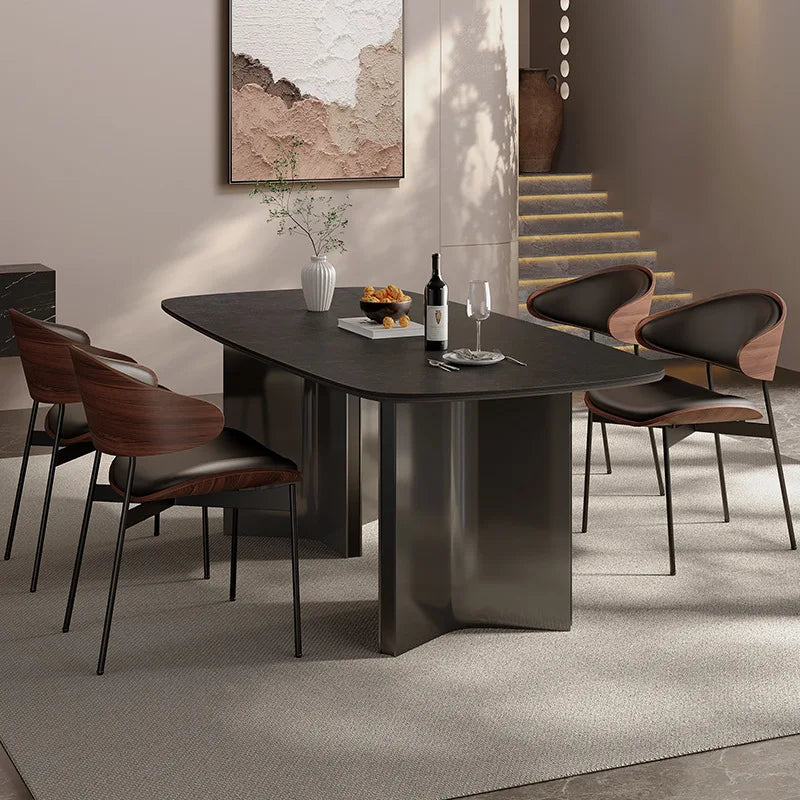 Modern Simple Dining Table Antique Style Rock Slab for Small Apartment Wood Material for Villa Stainless Steel for Living Room