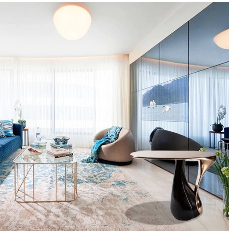Customized Luxury Fiberglass Round Table with Gold Silver Stand Living Room Furniture Coffee Table Modern Design
