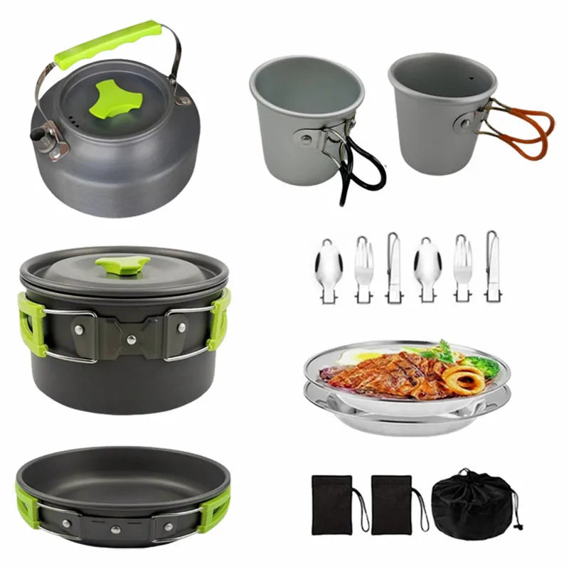 Aluminum Camping Cookware Set with 1-2L Kettle-Portable Outdoor Picnic Pot & Mess Kit for Hiking and Backpacking