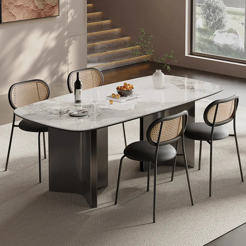 Modern Simple Dining Table Antique Style Rock Slab for Small Apartment Wood Material for Villa Stainless Steel for Living Room