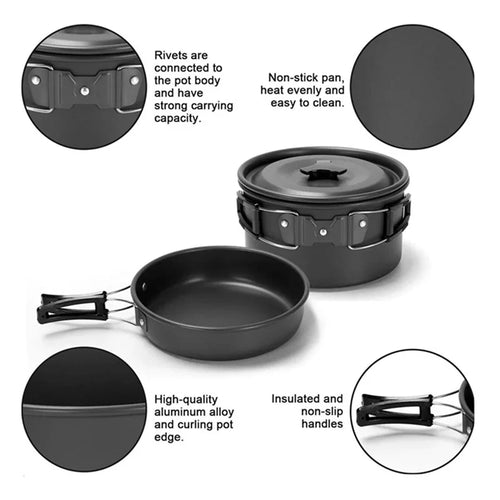 Aluminum Camping Cookware Set with 1-2L Kettle-Portable Outdoor Picnic Pot & Mess Kit for Hiking and Backpacking