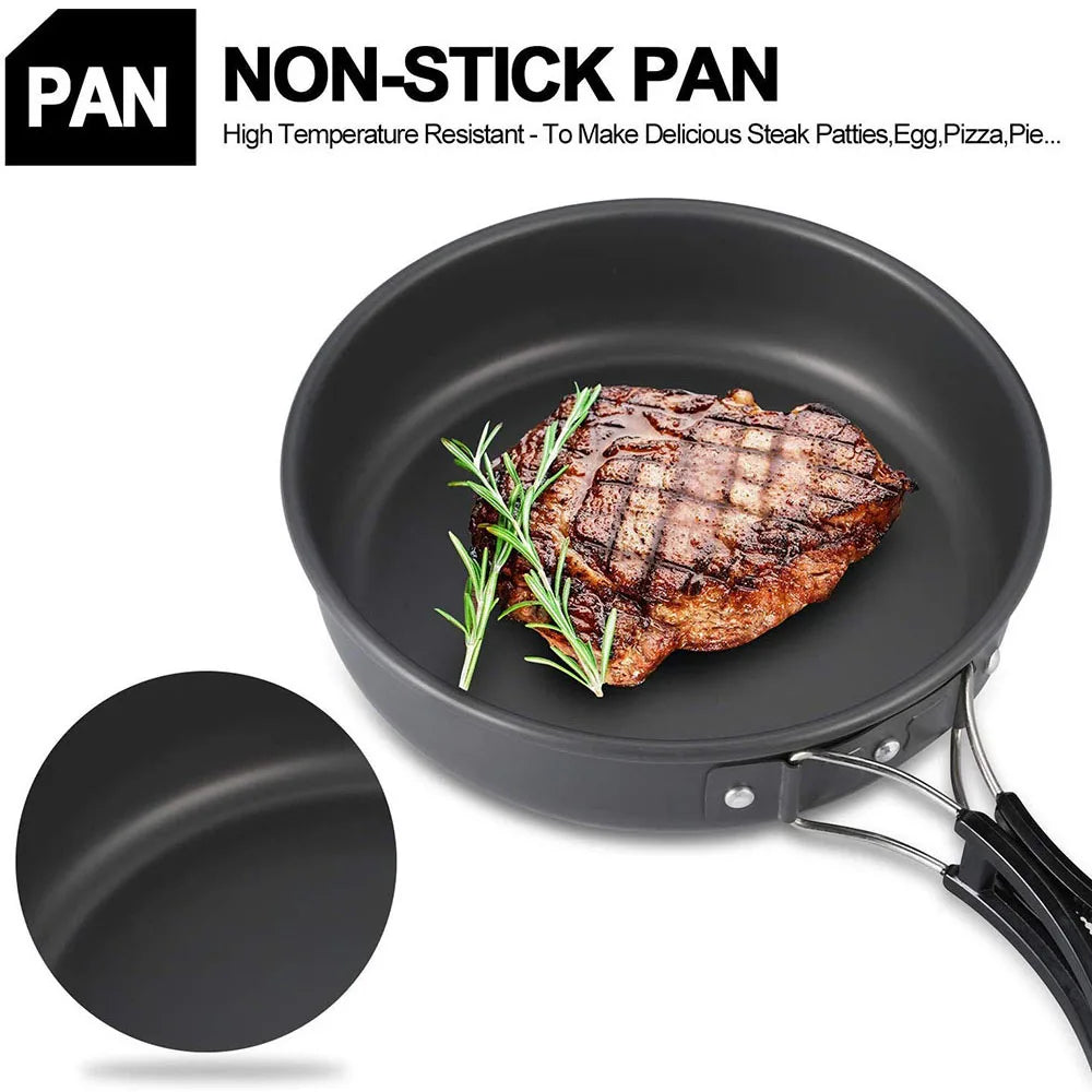 Outdoor camping cookware set made of aluminum alloy material not easy to stick to the pot nested packaging convenient to carry