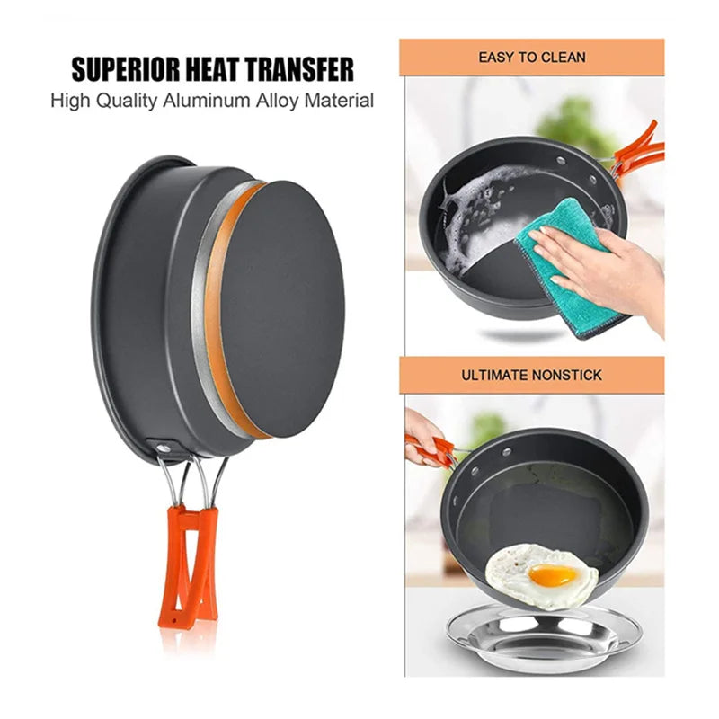 Aluminum Camping Cookware Set with 1-2L Kettle-Portable Outdoor Picnic Pot & Mess Kit for Hiking and Backpacking