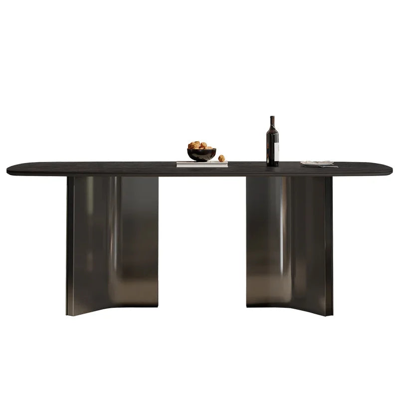 Modern Simple Dining Table Antique Style Rock Slab for Small Apartment Wood Material for Villa Stainless Steel for Living Room