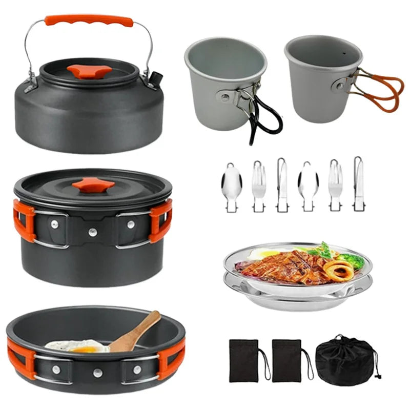 Aluminum Camping Cookware Set with 1-2L Kettle-Portable Outdoor Picnic Pot & Mess Kit for Hiking and Backpacking