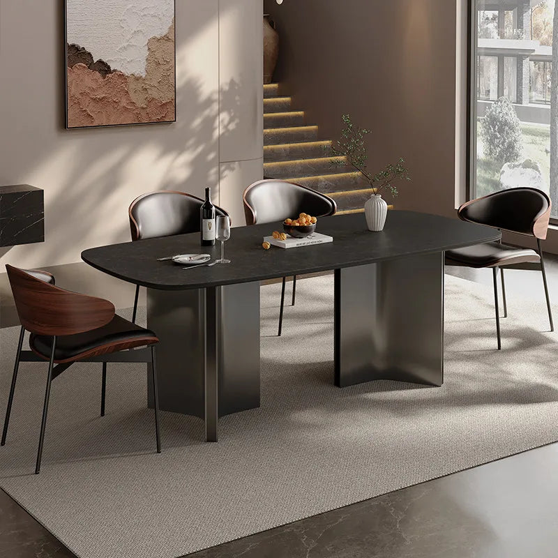 Modern Simple Dining Table Antique Style Rock Slab for Small Apartment Wood Material for Villa Stainless Steel for Living Room
