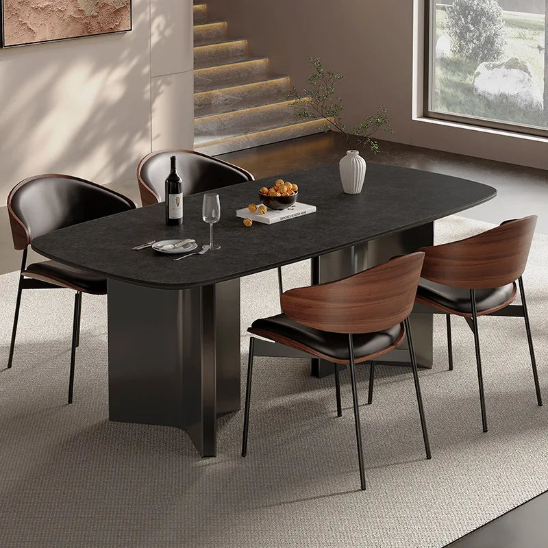 Modern Simple Dining Table Antique Style Rock Slab for Small Apartment Wood Material for Villa Stainless Steel for Living Room