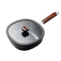 Cookware Refined Iron Square Frying Pan No Coating Flat Bottomed Stir Fry Pot with Visible Cover Wood Handle Wok Restaurant