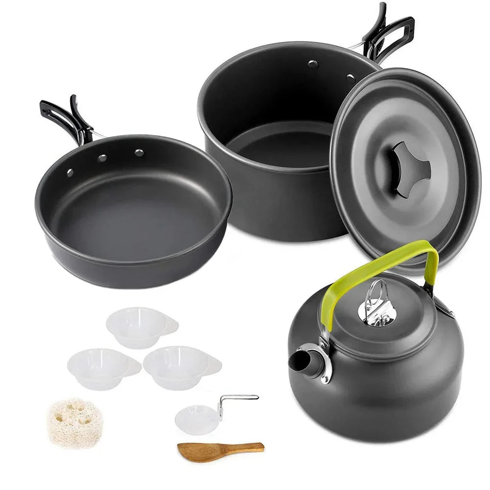 Outdoor camping cookware set made of aluminum alloy material not easy to stick to the pot nested packaging convenient to carry