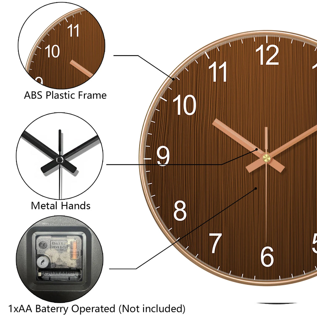 Modern Round Wall Clock Wooden Grain Non-Ticking Wall Clock for Living Room Bedroom Kitchen Office Home Decor Minimalist Style