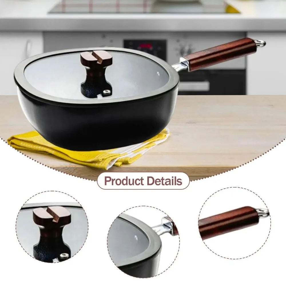 Cookware Refined Iron Square Frying Pan No Coating Flat Bottomed Stir Fry Pot with Visible Cover Wood Handle Wok Restaurant