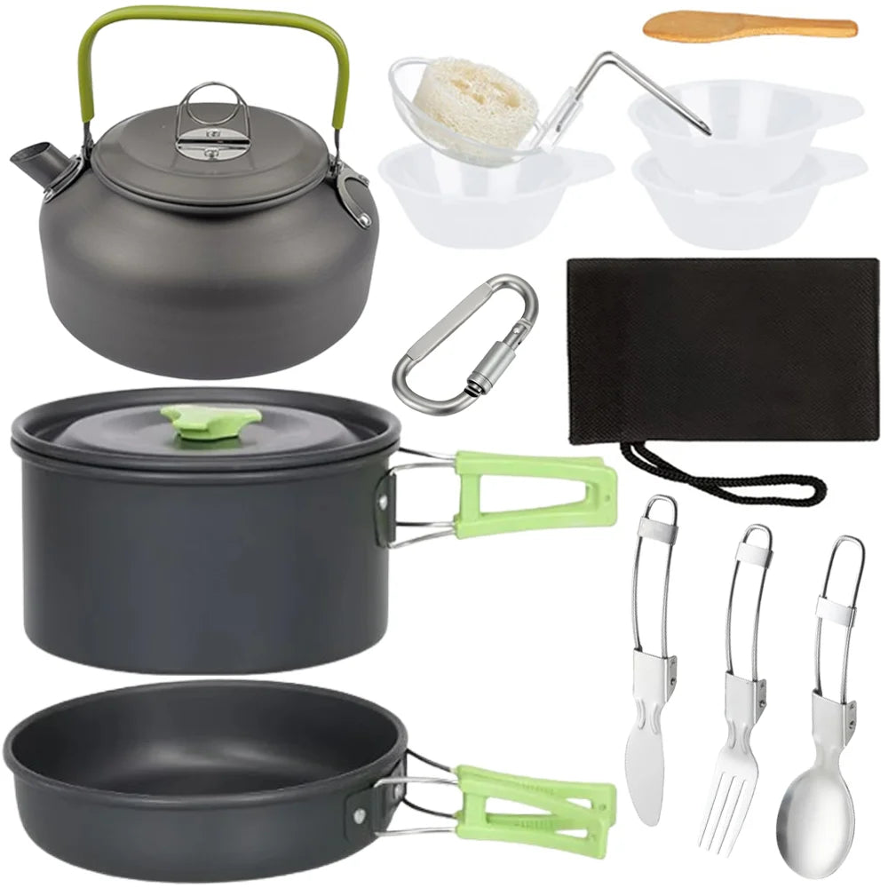 Outdoor camping cookware set made of aluminum alloy material not easy to stick to the pot nested packaging convenient to carry