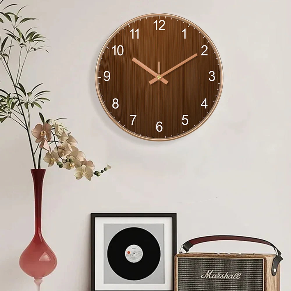 Modern Round Wall Clock Wooden Grain Non-Ticking Wall Clock for Living Room Bedroom Kitchen Office Home Decor Minimalist Style